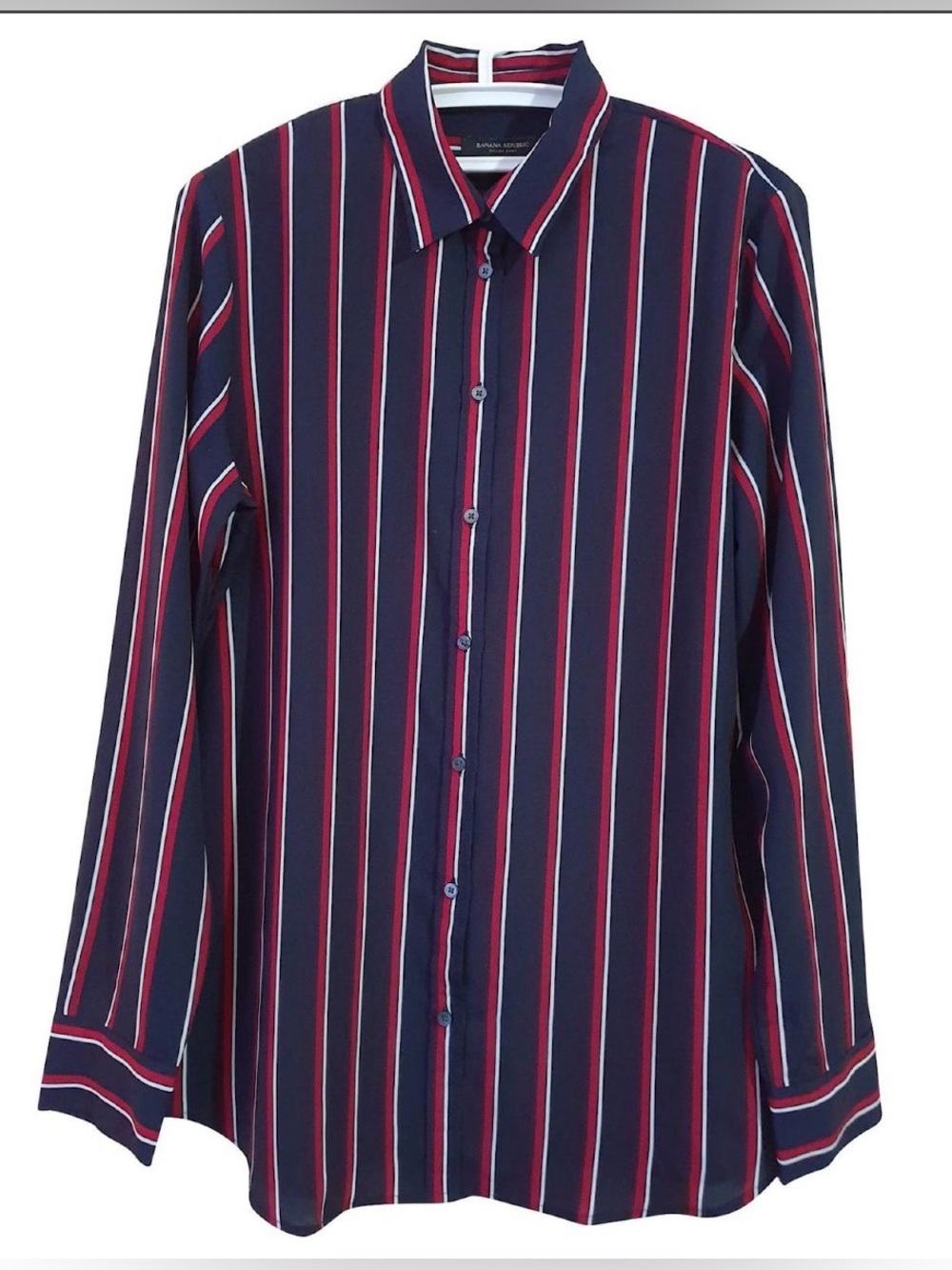 Banana Republic Dillon Striped Button Down Blouse Long Sleeve Navy Red White.